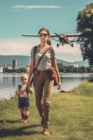 stylish country toddler in a plaid shirt walking with with yellow watering can Little boy in red rubber boots with ducklings the summer park : Generative AIの素材