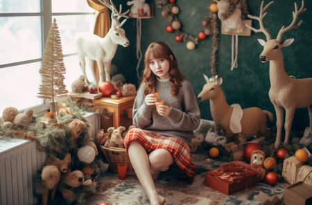 a girl in a red hat strokes a red horse in a Christmas wreath on the background of a decorated Christmas house High quality photo : Generative AIの素材