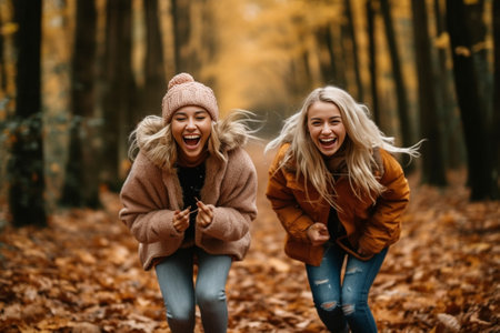two cute blonde sisters in yellow raincoat red rubber boots ride a tire on a tree in an autumn Park : Generative AIの素材