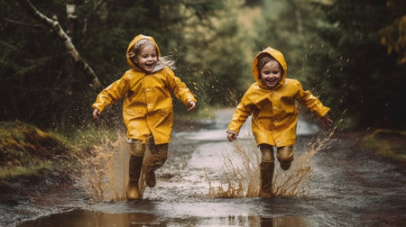 two cute blonde sisters in yellow raincoat red rubber boots ride a tire on a tree in an autumn Park : Generative AIの素材