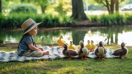 stylish country toddler in a plaid shirt walking with with yellow watering can Little boy in red rubber boots with ducklings the summer park : Generative AIの素材