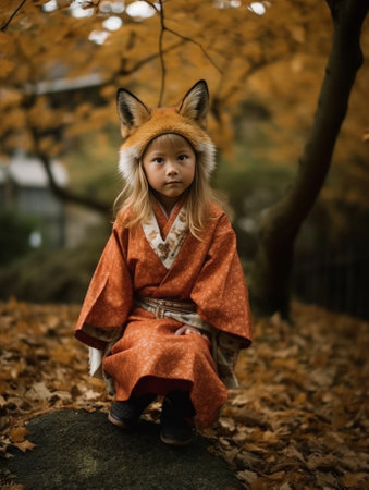 A beautiful little girl in a Fox costume and with a Fox tail in jeans stands at the autumn fair at the counter and holds a bunch of viburnum High quality photo : Generative AIの素材