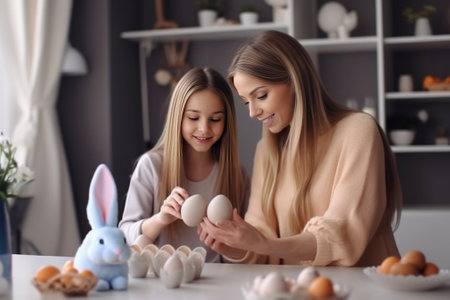 A beautiful blonde mother and a child in white fluffy Bunny costumes are laughing against the background of a Christmas tree and a fireplace High quality photo : Generative AIの素材
