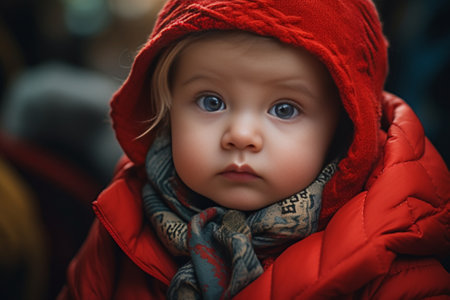 A boy in a red jacket and a red hat licks an icicle with his tongue High quality photo : Generative AIの素材