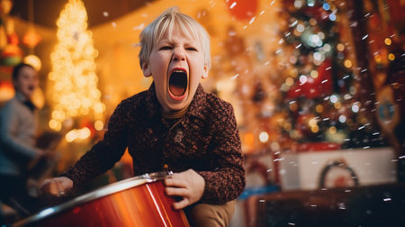 A blonde mother holds her laughing son in a Christmas sweater and red hat under the snow on the background of a Christmas tree High quality photo : Generative AIの素材