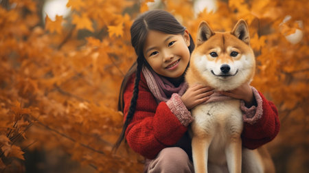 A little boy in red rubber boots with a red dog Akita Inu in an autumn park High quality photo : Generative AIの素材