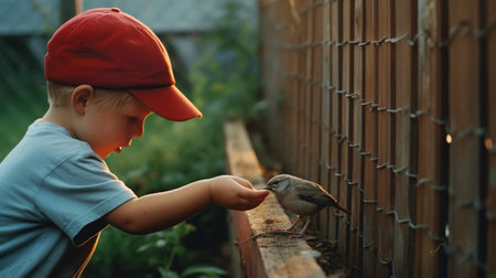 A boy in a red jacket and a red hat hung up a feeder and feeds the birds High quality photo : Generative AIの素材