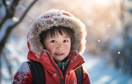 A boy in a red jacket and a red hat screams and laughs in the snow High quality photo : Generative AIの素材