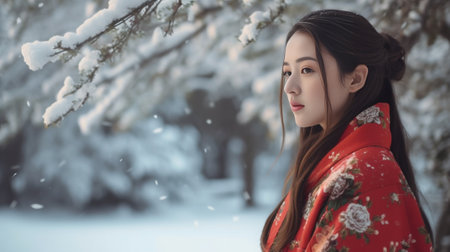 Attractive brunette asian woman in red Christmas sweater and red bow posing on the open wooden terrace with Christmas decoration and snowing : Generative AIの素材