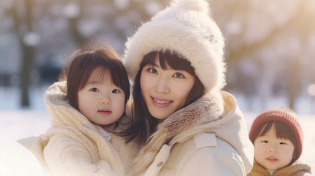 Beautiful blonde mother and two daughters hugging in a winter park High quality FullHD footage : Generative AIの素材