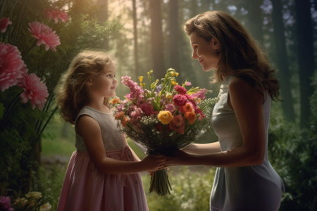 Beautiful brunette mom sees off to school a little cute daughter with bouquets of flowers : Generative AIの素材