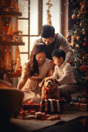 Beautiful family with two babies on pony in Christmas wreath High quality photo : Generative AIの素材