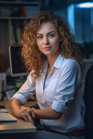 Beautiful dentist doctor with long curly hair in violet uniform working on white laptop in the cabinet High quality photo : Generative AIの素材
