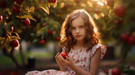 Cute teen girl in a red polka dot dress and denim jacket collects and shows sweet cherry from a tree in the garden Copy space : Generative AIの素材
