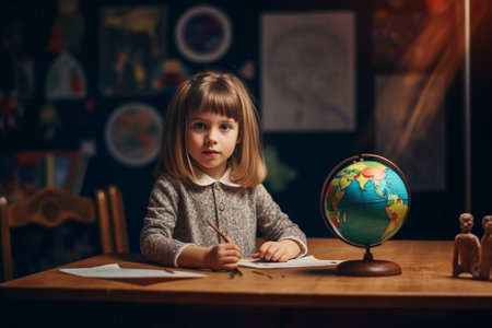 Cute little schoolgirl with a red satchel and a bouquet of flowers smiles against the background of a school desk with a globe and a chalk board : Generative AIの素材