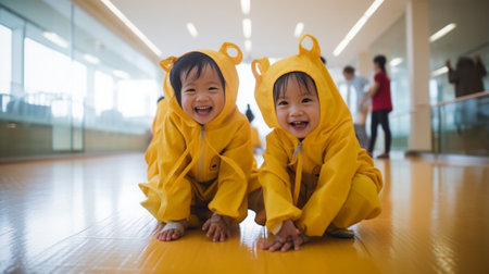 Korean cute brother and sister in yellow raincoat and red rubber boots small in the autumn park against the background of a white fence : Generative AIの素材