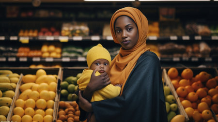 Brunette young woman in white autumn cardigan holding newborn baby girl in red pumpkins hat at the open market placeCopy space : Generative AIの素材