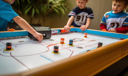Childs hand playing air hockey game Black table Copy space : Generative AIの素材