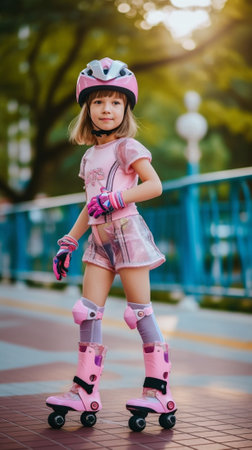 Cute girl in roller skates at a summer park : Generative AIの素材