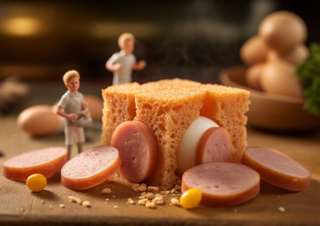 Breakfast Easter eggs and cut ham sausages : Generative AIの素材
