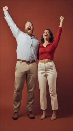 Happy couple in white shirts jeans and red squared shirts posing and kissing with brushes in empty room Copy space Home improvement concept : Generative AIの素材