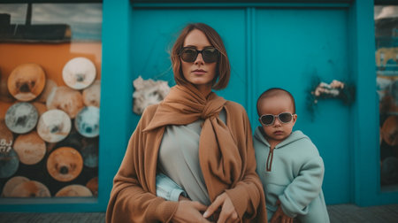 Happy family of three with pregnant mother posing at the open market place Fall background : Generative AIの素材