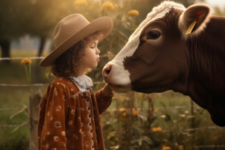 Funny little girl in cow knitted hat and pretty mother playing with young bull on a Christmas ranch : Generative AIの素材