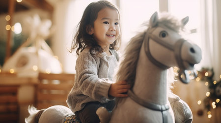 Little girl and boy on pony in Christmas wreath Christmas house on background : Generative AIの素材