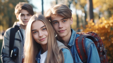 Cute young boy in autumn sweater and pretty girl with long curly hair posing in the park Autumn background : Generative AIの素材