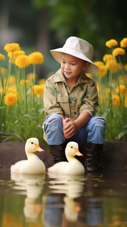 Little blond happy boy in jeans overalls playing with small yellow ducks on spring green glade : Generative AIの素材