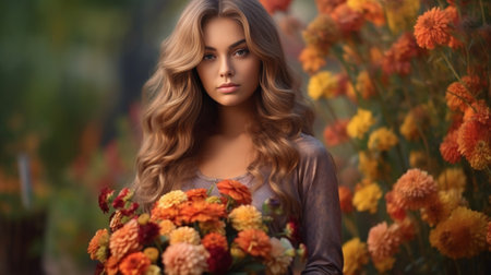 Beautiful curly girl holds an armful of orange autumn flowers against the background of the autumn fair High quality photo : Generative AIの素材