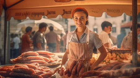 French sausage on a market stall : Generative AIの素材