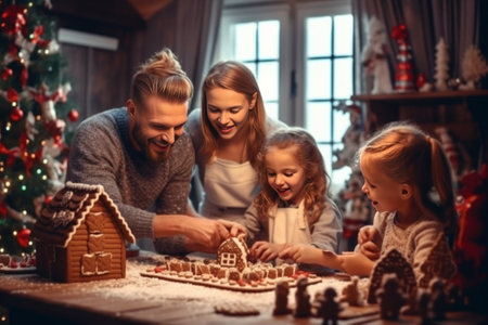 Beautiful family with two daughters under flying snow amid Christmas decorated house : Generative AIの素材