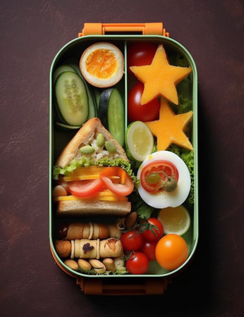 Funny healthy sandwich with cheese carrots asparagus and cashew nuts in the form of fish meal ideas for kids : Generative AIの素材