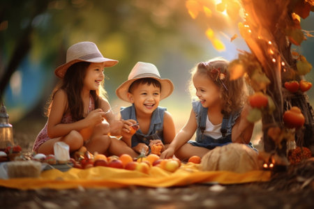 Group of five caucasian toddlers sitting on the bench in the forest under the red beach umbrella and drinking cocktails and smiling : Generative AIの素材