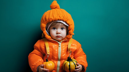 Cute toddler blond girl in fox coat and tail playing on a pumpkins field Copy space : Generative AIの素材