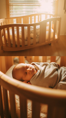 Little baby boy in winter pyjamas is laying at the wooden eco cradle in the room Christmas eve concept : Generative AIの素材