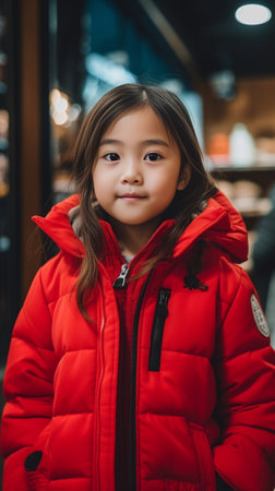 Cute toddler girl in red coat like a fox posing with ash berry at the open market place Fall background : Generative AIの素材