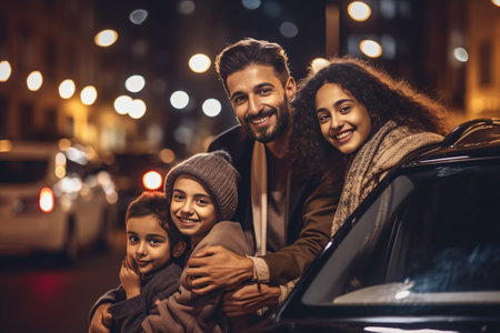 Happy family with dad mom and newborn baby boy in winter clothes sitting in red Christmas car Holiday concept Focus is at the baby : Generative AIの素材