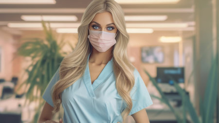 Portrait of attractive young female doctor in white smock black medical mask and gloves with blond hair posing in the room Copy space : Generative AIの素材