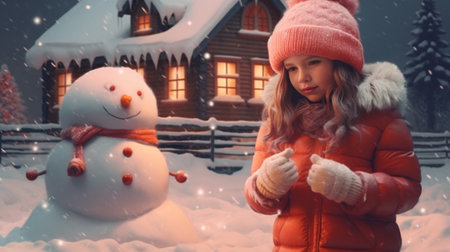 Girl in red Christmas pajamas with penguin jumps in the snow against the background of a white house High quality photo : Generative AIの素材