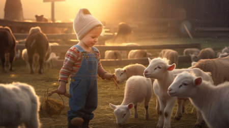 Cute toddler boy in autumn fox costume holds a toy and want to feed white goat on the farm while sunset : Generative AIの素材