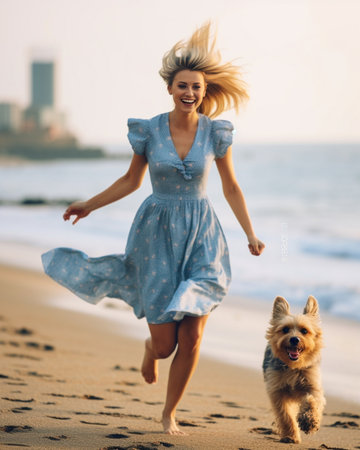 Portrait of a funny little blond girl in a sea dress in stripes carrying a red dog chihuahua at the sea port : Generative AIの素材