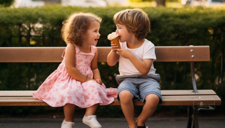 Little boy kissing cute girl with pigtails sitting at the red motorcycle in the summer park : Generative AIの素材