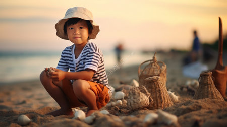 Little boy in red panama hat sitting at the edge of the sea and playing with shells and pebbles : Generative AIの素材