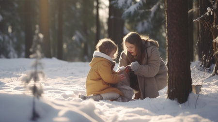 Little boy sits in a red childrens convertible in the snowy spruce forest and catches snowflakes with her hands High quality photo : Generative AIの素材