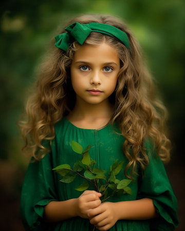 Portrait of a little beauty girl with flowers on the green background : Generative AIの素材