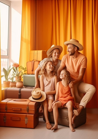 Handsome bold man with a beard posing with family sitting on the floor in the empty house Girl and boy are sitting in the box Focus is at the kids : Generative AIの素材