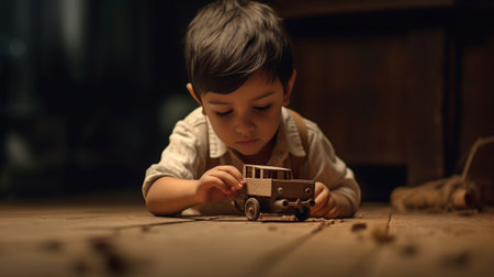 Little boy playing wooden railroad on the floor High quality photo : Generative AIの素材