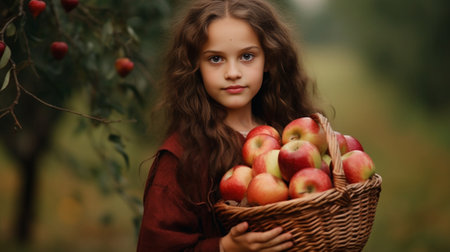 Cute young boy in orange hoodie and pretty girl with long curly hair posing with basket of red apples near the big bunch of harvest Autumn background : Generative AIの素材
